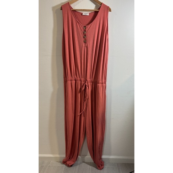 Zenana Women's Plus Romper Jumper Coral Knit Tank Button Tie Waist Size 3X - Picture 2 of 6